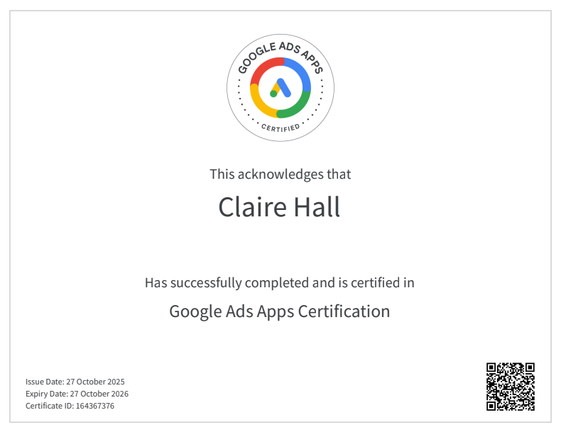 Claire Hall - Google Ads Apps Certification