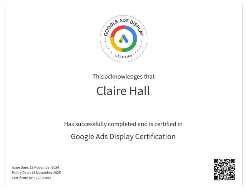 Claire Hall - Google Ads Display Certification