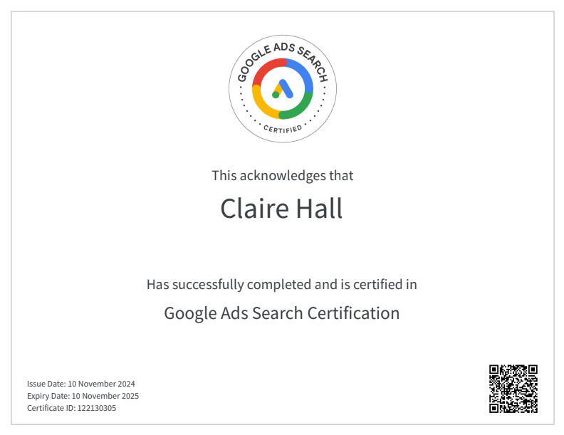 Claire Hall - Google Ads Search Certification