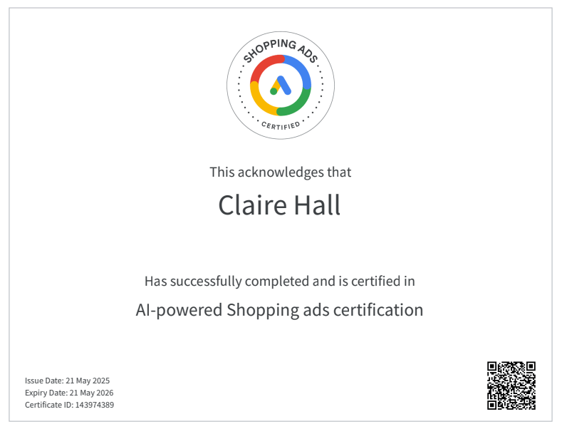 Claire Hall - Google Shopping Certification