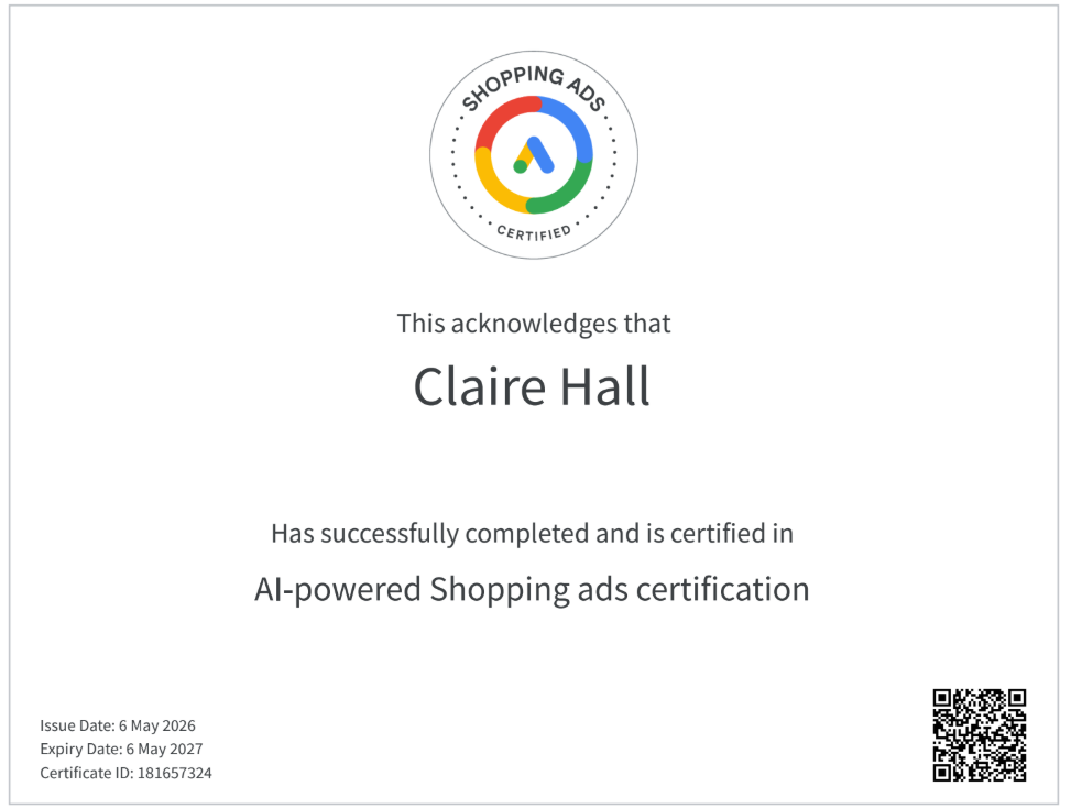 Claire Hall - Google Shopping Certification