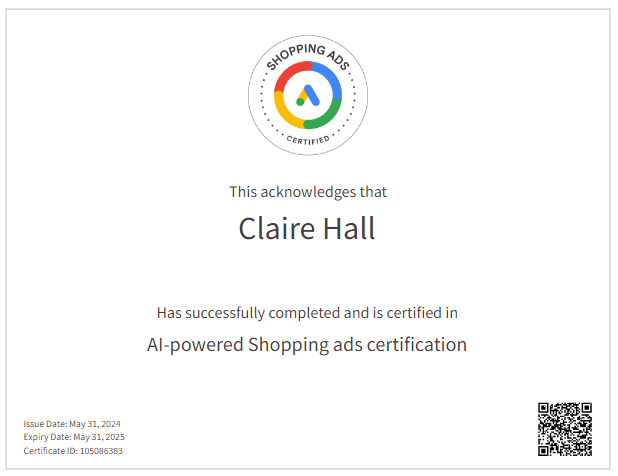 Claire Hall - Google Shopping Certification