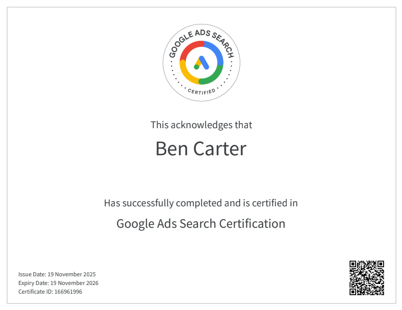 Ben Carter - Google Ads Search Certification
