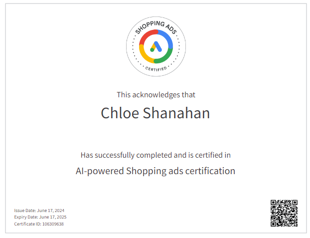 Chloe Shanahan - Google Shopping Certification