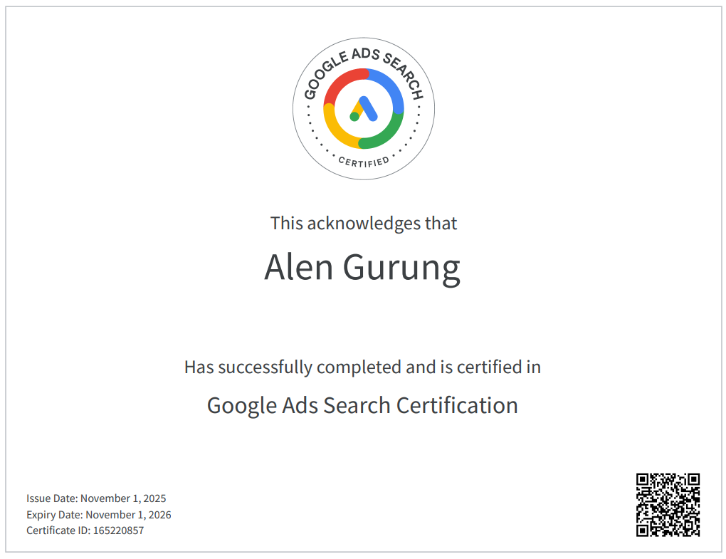 Alen Gurung - Google Ads Search Certification