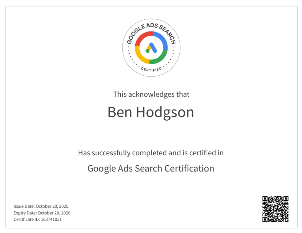 Ben Hodgson - Google Ads Search Certification