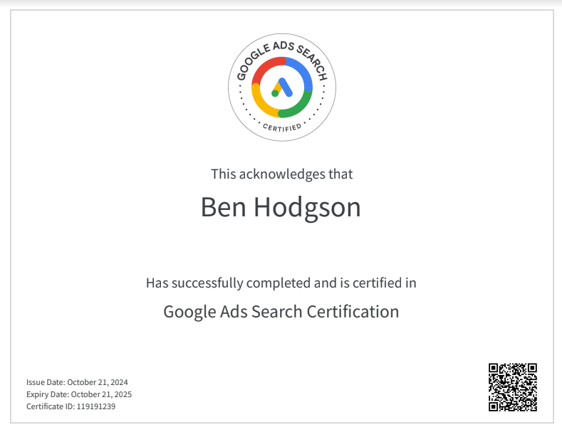 Ben Hodgson - Google Ads Search Certification