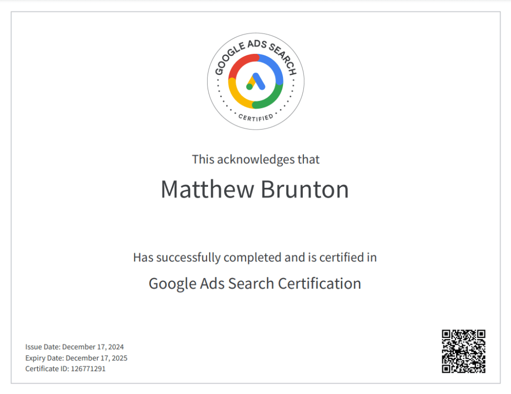 Matthew Brunton - Google Ads Search Certification